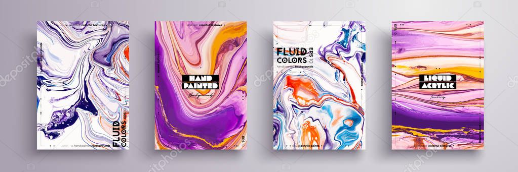 Abstract painting, can be used as a trendy background for wallpaper, poster, invitation, cover and presentation. Fluid art. Liquid marble texture with mixed of acrylic orange, blue, purple paints