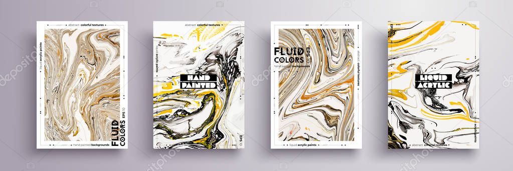 Abstract painting, can be used as a trendy background for wallpaper, poster, invitation, cover and presentation. Fluid art. Liquid marble texture with mixed of acrylic yellow, brown, black paints