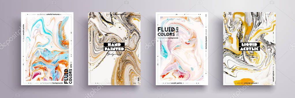 Abstract painting, can be used as a trendy background for wallpaper, poster, invitation, cover and presentation. Fluid art. Liquid marble texture with mixed of acrylic yellow, blue, black paints