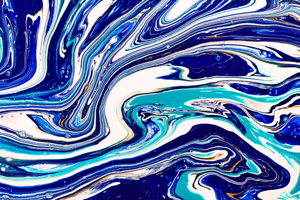 Hand painted background with mixed liquid blue, white, yellow paints. Abstract fluid acrylic painting. Applicable for packaging, invitation, textile, wallpaper, design of different surfaces — Stock Photo, Image