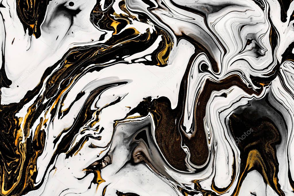 Black, white marble texture with golden lots of bold contrasting veining. Applicable for create surface marbled effect. Design for packaging, brochure, poster, wallpaper, textile, decor interior.