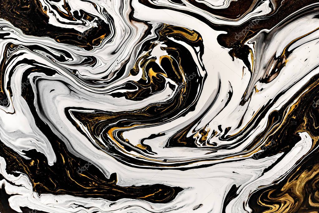 Black, white marble texture with golden lots of bold contrasting veining. Applicable for create surface marbled effect. Design for packaging, brochure, poster, wallpaper, textile, decor interior.