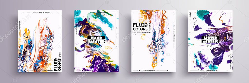 Abstract painting, can be used as a trendy background for wallpaper, poster, invitation, cover and presentation. Fluid art. Liquid marble texture with mixed of acrylic yellow, blue, purple paints