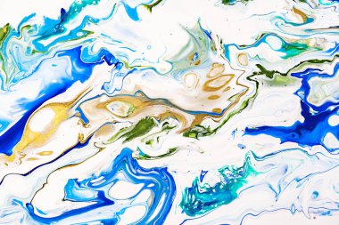 Hand painted background with mixed liquid blue, white, yellow paints. Abstract fluid acrylic painting. Applicable for packaging, invitation, textile, wallpaper, design of different surfaces clipart