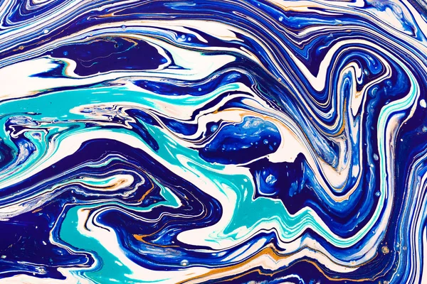Hand painted background with mixed liquid blue, white, yellow paints. Abstract fluid acrylic painting. Applicable for packaging, invitation, textile, wallpaper, design of different surfaces — Stock Photo, Image