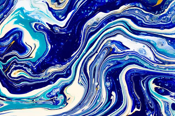 Hand painted background with mixed liquid blue, white, yellow paints. Abstract fluid acrylic painting. Applicable for packaging, invitation, textile, wallpaper, design of different surfaces — Stock Photo, Image