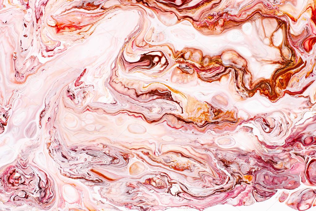 Hand painted backgrounds. Pink, white, brown and yellow mixed acrylic paints. Liquid marble texture. Applicable for printable, design packaging, cards, placard, covers, textile and decor interior