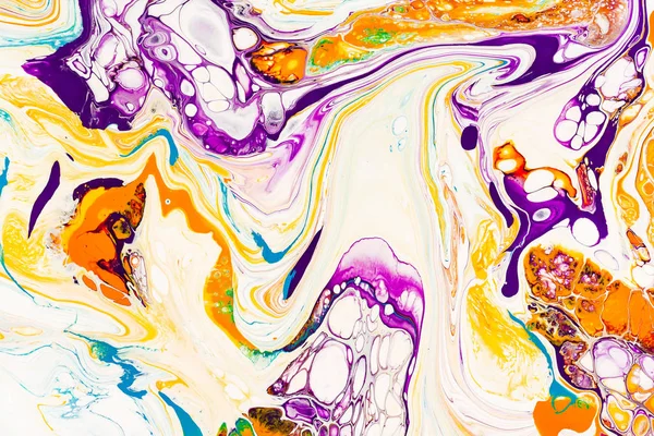 Oil paint mix abstract background. Rainbow marble texture. Acrylic liquid flow colorful wallpaper. Creative violet, yellow, blue paint swirls, waves. Multicolor watercolor pattern, fluid effect. — Stock Photo, Image