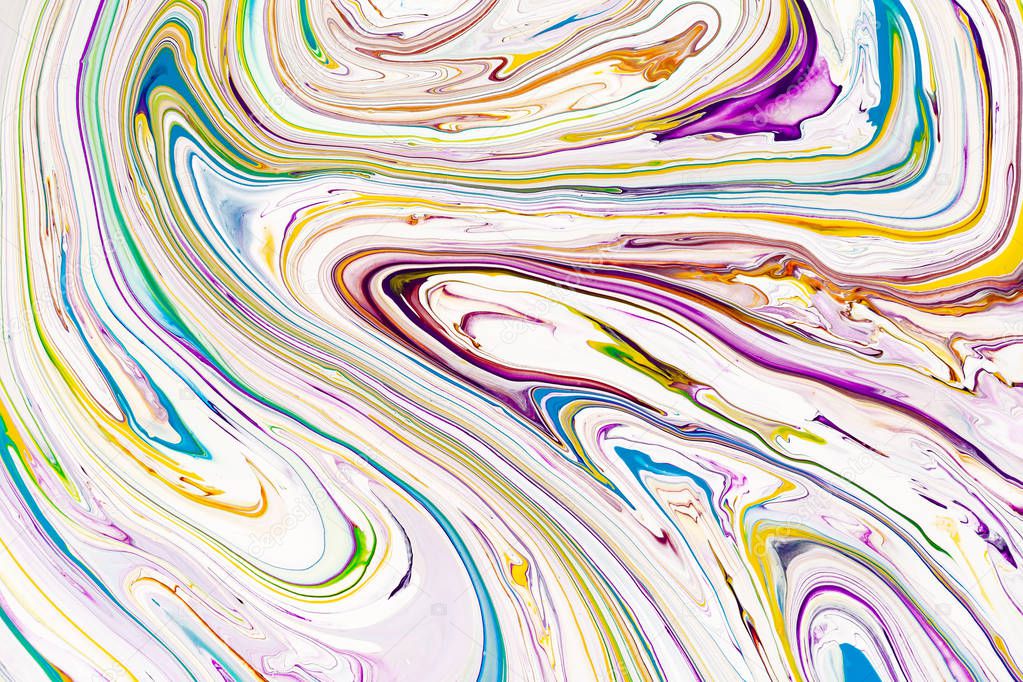Bright resin art abstract background. Multicolor marble surface, mineral stone texture. Violet, orange and blue paint mix wallpaper. Fluid, color liquid flow effect. Watercolor, acrylic waves, swirls.