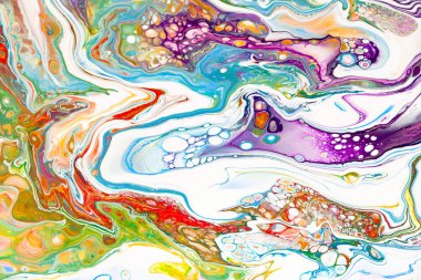 Yağlı boya karışımı soyut arka plan. Gökkuşağı mermer dokusu. Akrilik sıvı akışı renkli duvar kağıdı. Yaratıcı menekşe, sarı, mavi boya girdaplar, dalgalar. Çok renkli suluboya deseni, sıvı etkisi.