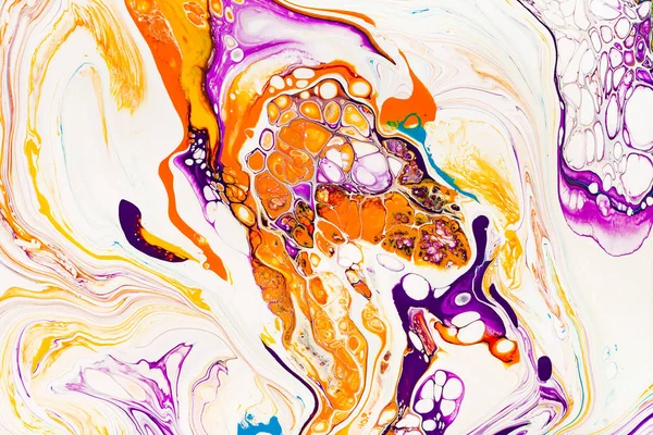 Oil paint mix abstract background. Rainbow marble texture. Acrylic liquid flow colorful wallpaper. Creative violet, yellow, blue paint swirls, waves. Multicolor watercolor pattern, fluid effect. — Stock Photo, Image