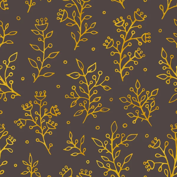 Folk vintage raster seamless pattern. Etnický květinový motiv hnědé ručně kreslené pozadí. Obrysová zlatá květenství, květy, rostliny. Ditsy dekorativní textil, tapety design. — Stock fotografie