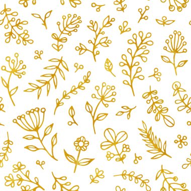 Halk vintage raster sorunsuz desen. Etnik çiçek motifi beyaz el çizilmiş arka plan. Kontur kabile altın çiçeklenme, çiçek, bitkiler. Ditsy dekoratif tekstil, duvar kağıdı tasarımı.