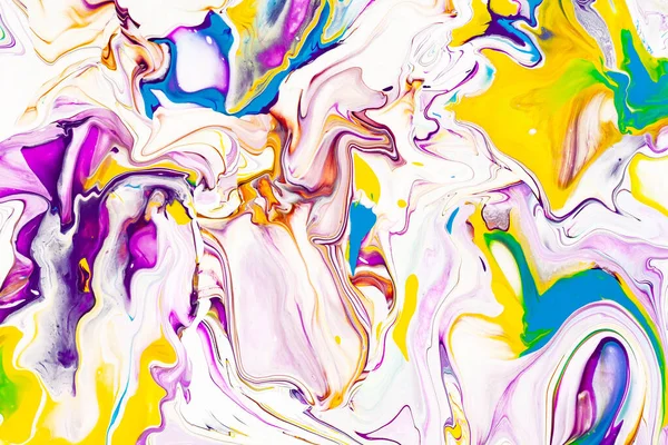 Akryl färg vågor abstrakt bakgrund. Regnbågens marmorstruktur. Oljefärg flytande flöde färgglada tapeter. Kreativ violett, gul, blå vätska effekt bakgrund.Multicolor akvarell, harts konst mönster. — Stockfoto