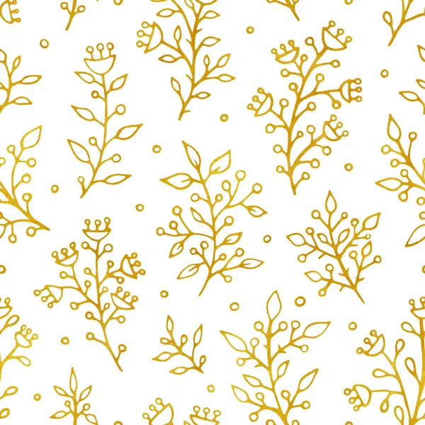 포크 빈티지 래스터 이음새가 있는 패턴. 에스닉 꽃 모티프 화이트 손으로 그려진 배경. 윤곽 부족 황금 꽃, 꽃, 식물. Ditsy 장식 직물, 벽지 디자인. — 스톡 사진