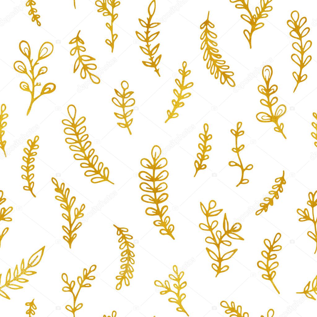 Folk flowers vintage raster seamless pattern. Ethnic floral motif white hand drawn background. Contour golden inflorescence, blossom. Blooming, plant leaves. Ditsy textile, wallpaper design.