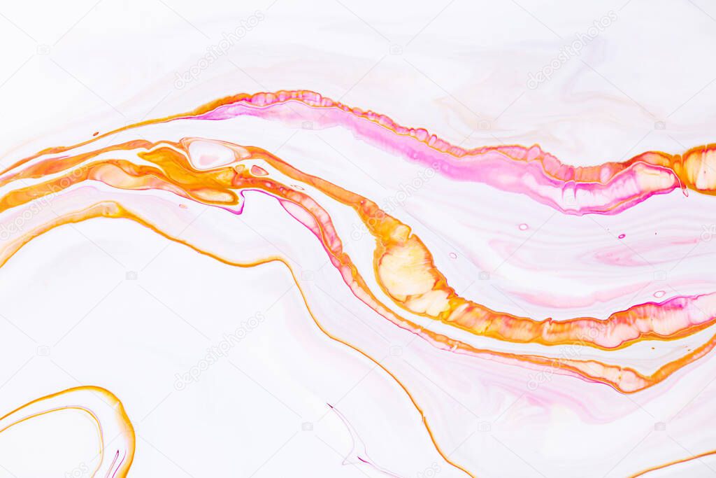 Fluid art texture. Abstract background with swirling paint effect. Liquid acrylic picture with trendy mixed paints. Can be used for website background. Pink, white and orange overflowing colors.