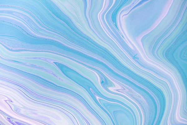 Fluid art texture. Backdrop with abstract swirling paint effect. Liquid acrylic picture with flows and splashes. Mixed paints for background or poster. Blue, lavander and mint overflowing colors. — Stock Photo, Image