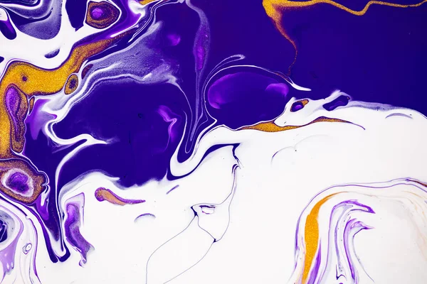 Fluid art texture. Backdrop with abstract mixing paint effect. Liquid acrylic picture with flows and splashes. Mixed paints for interior poster. Violet, white and golden overflowing colors.