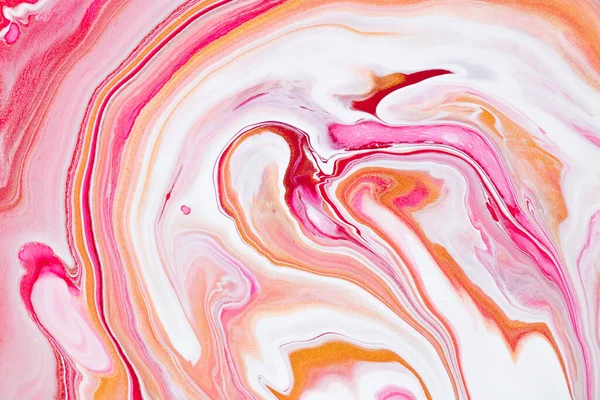Fluid art texture. Background with abstract swirling paint effect. Liquid acrylic artwork with chaotic mixed paints. Can be used for posters or wallpapers. Pink, coral and golden overflowing colors.