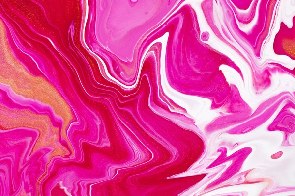 Fluid art texture. Abstract backdrop with mixing paint effect. Liquid acrylic artwork with flows and splashes. Mixed paints for posters or wallpapers. Golden, white and red overflowing colors.