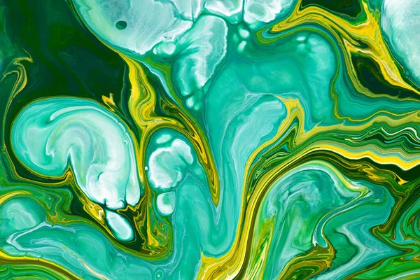 Fluid art texture. Abstract backdrop with mixing paint effect. Liquid acrylic artwork with flows and splashes. Mixed paints for background or poster. Emerald, blue and yellow overflowing colors.
