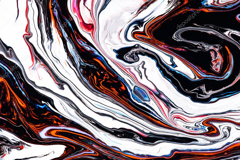 Fluid art texture. Abstract backdrop with swirling paint effect. Liquid acrylic picture that flows and splashes. Mixed paints for interior poster. Orange, black and blue overflowing colors.