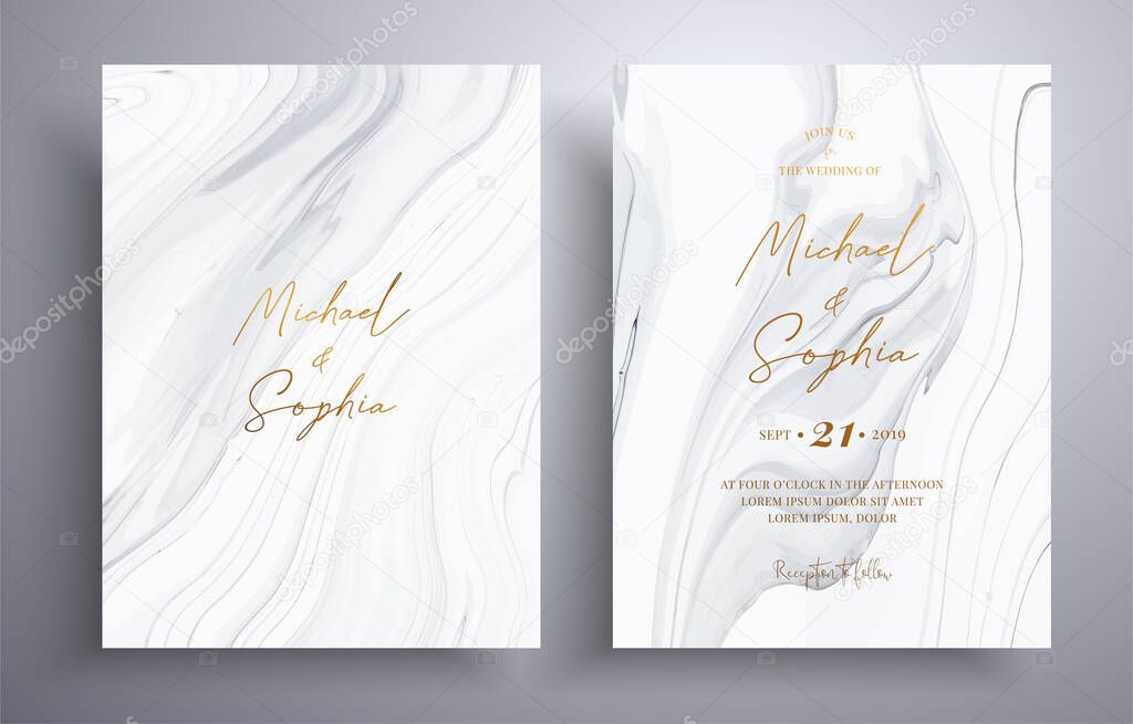 Set of acrylic wedding invitations with stone pattern. Agate vector cards with marble effect and swirling paints, gray, black and white colors. Designed for posters, brochures and etc.