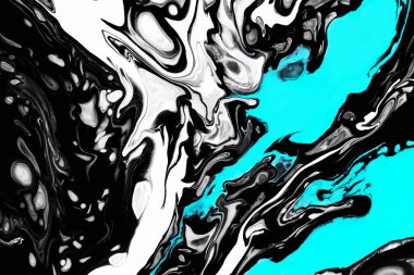 Sıvı sanat dokusu. Soyut karıştırıcı boya efektli bir arka plan. Akıp sıçrayan akrilik bir resim. Web sitesi arka planı için karışık boyalar. Siyah, beyaz ve akarsu taşan renkler.