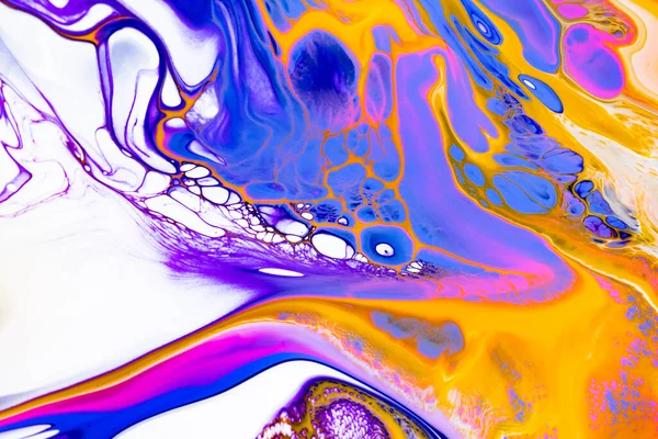 Fluid art texture. Background with abstract iridescent paint effect. Liquid acrylic artwork with flows and splashes. Mixed paints for interior poster. Blue, orange and white overflowing colors.