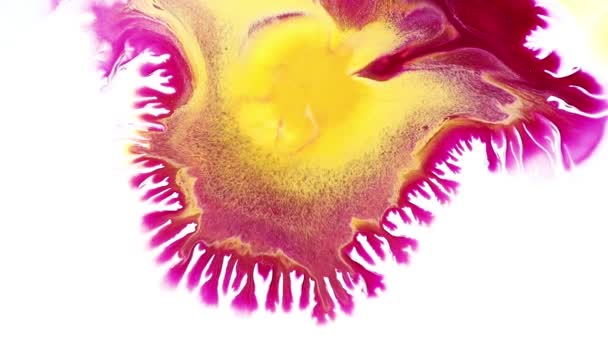 Fließende Kunst, abstrakte Acryl-Textur mit bunten Wellen. Flüssige Farbmischung Kunstwerk mit Spritzer und Wirbel. Detaillierte Hintergrundbewegung mit violetten, goldenen und weißen überfließenden Farben. — Stockvideo