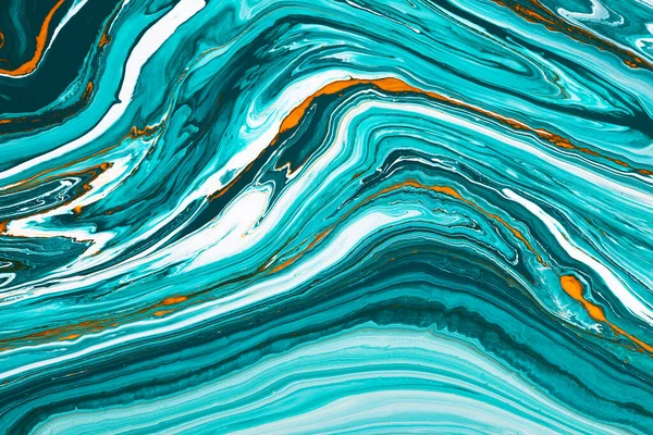 Fluid art texture. Background with abstract iridescent paint effect. Liquid acrylic artwork that flows and splashes. Mixed paints for interior poster. Turquoise, white and orange overflowing colors. — Stock Photo, Image