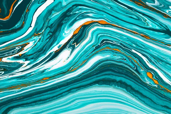 Fluid art texture. Background with abstract iridescent paint effect. Liquid acrylic artwork that flows and splashes. Mixed paints for interior poster. Turquoise, white and orange overflowing colors.