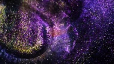 Neşeli pırıltı arka plan videosu. Bulanık arkaplan ve hareket halindeki daireler. Sıvı parlayan parçacıkların görüntüsü. Parlak efektli mor ve altın renkli animasyon.