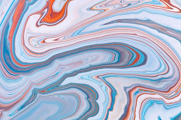 Fluid art texture. Abstract background with iridescent paint effect. Liquid acrylic picture with artistic mixed paints. Can be used for baner or wallpaper. Orange, blue and gray overflowing colors.