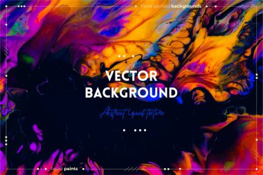 Sıvı sanat dokusu. Soyut kıvrımlı boya efektli bir arka plan. Karışık boyalı sıvı akrilik sanat eserleri. Posterler ya da duvar kağıtları için kullanılabilir. Turuncu, siyah ve mavi taşan renkler.