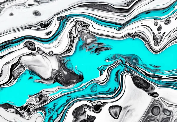 Fluid art texture. Abstract backdrop with mixing paint effect. Liquid acrylic picture with colorful mixed paints. Can be used for background or poster. Black, white and aquamarine overflowing colors. — Stock Photo, Image