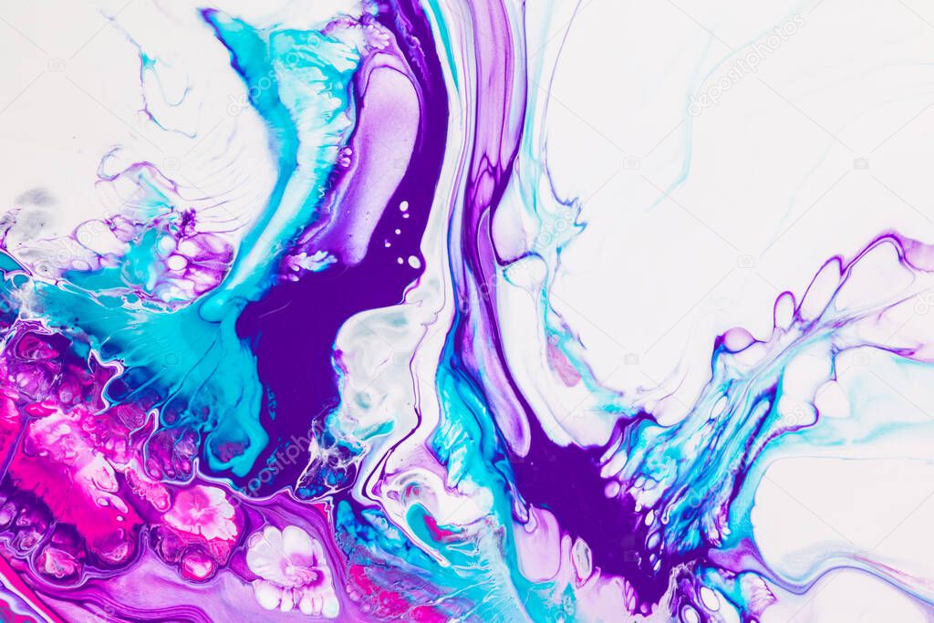 Fluid art texture. Backdrop with abstract iridescent paint effect. Liquid acrylic artwork with beautiful mixed paints. Can be used for interior poster. Purple, pink and white overflowing colors.