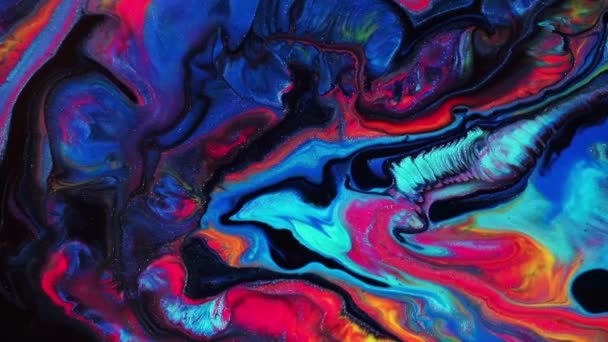 Fluid Art Zeichnung Video, moderne Acryl-Textur mit fließenden Effekt. Flüssige Farbmischung Hintergrund mit Spritzer und Wirbel. Detaillierte Hintergrundbewegungen mit blauen, schwarzen und orangefarbenen Farben. — Stockvideo