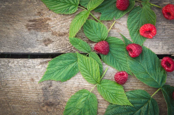 ahşap backg üzerinde bir saçılma Ahududu ve Ahududu yaprakları