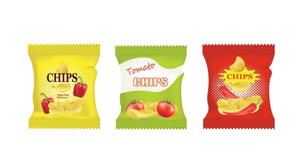Potato Chips Tassen Ontwerpen Met Verschillende Smaken Vector — Stockvector
