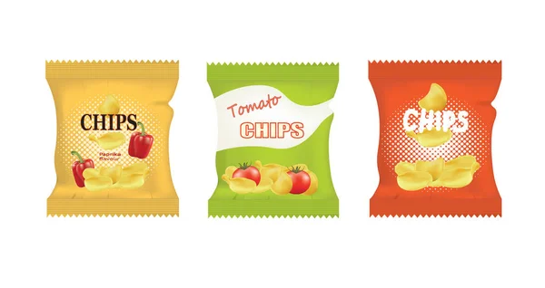 Potato Chips Tassen Ontwerpen Met Verschillende Smaken Vector — Stockvector