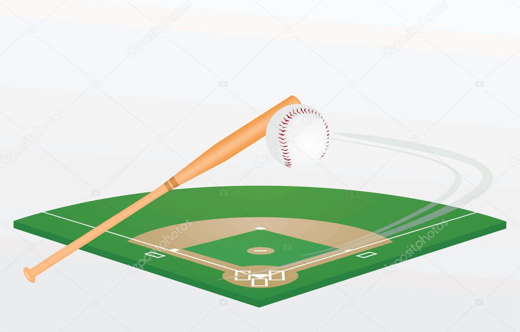 Baseball bat, ball and field. vector illustration