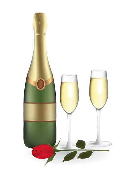 Champagneflaska Med Två Glas Och Rose Vektor — Stock vektor