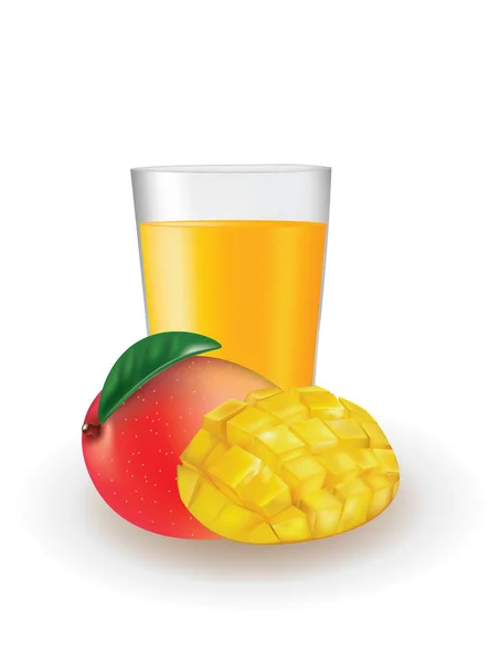 芒果汁与新鲜芒果在玻璃旁边 — 图库矢量图片