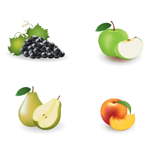 Frutas Frescas Maçã Pêra Uvas Pêssego Com Fatias Ilustração Vetorial —  Vetores de Stock