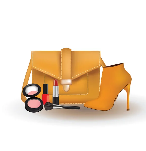 Conjunto Mujeres Bolsa Zapatos Cosméticos Ilustración Vectorial — Vector de stock