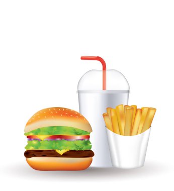 Fast food ayarla, soda, patates kızartması ve burger