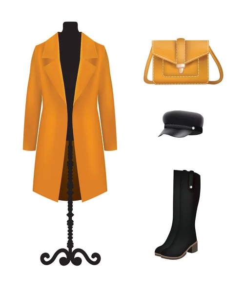 Gelbe Weiber gesetzt. Mantel, Hut, Tasche und Stiefel — Stockvektor