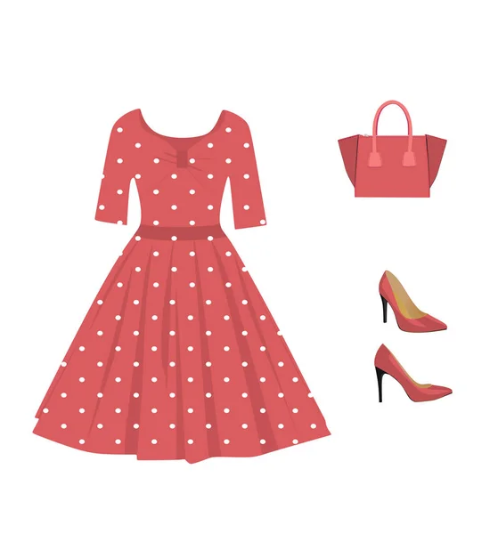 Женский Красный Наряд Платье Сумка Обувь Вектор — стоковый вектор